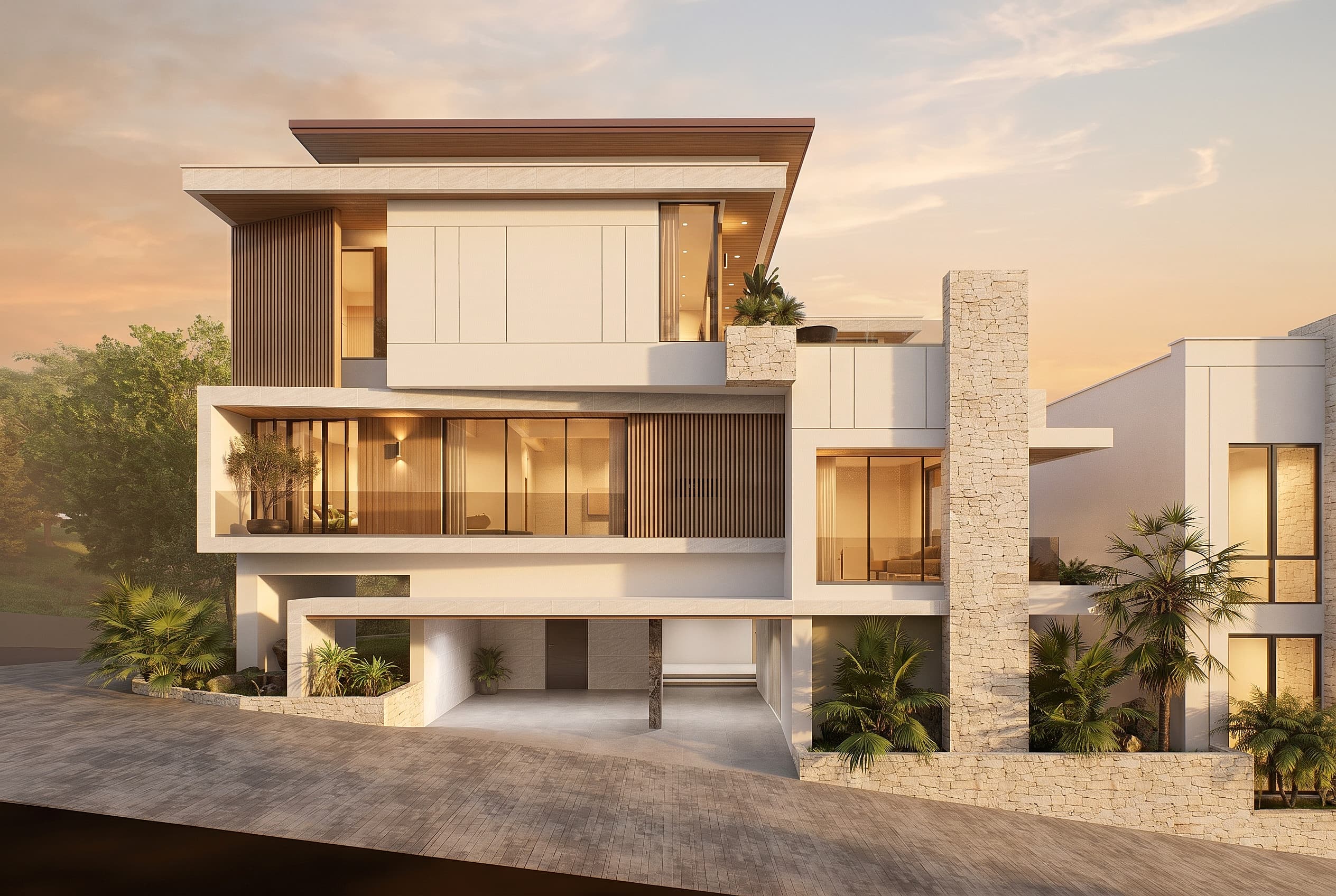 A villa façade of white volumes and wood