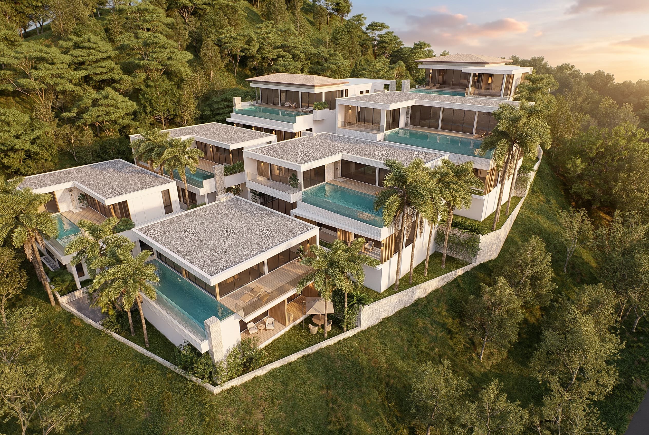 The Amigo's Villa estate at golden hour on the Kamala headland